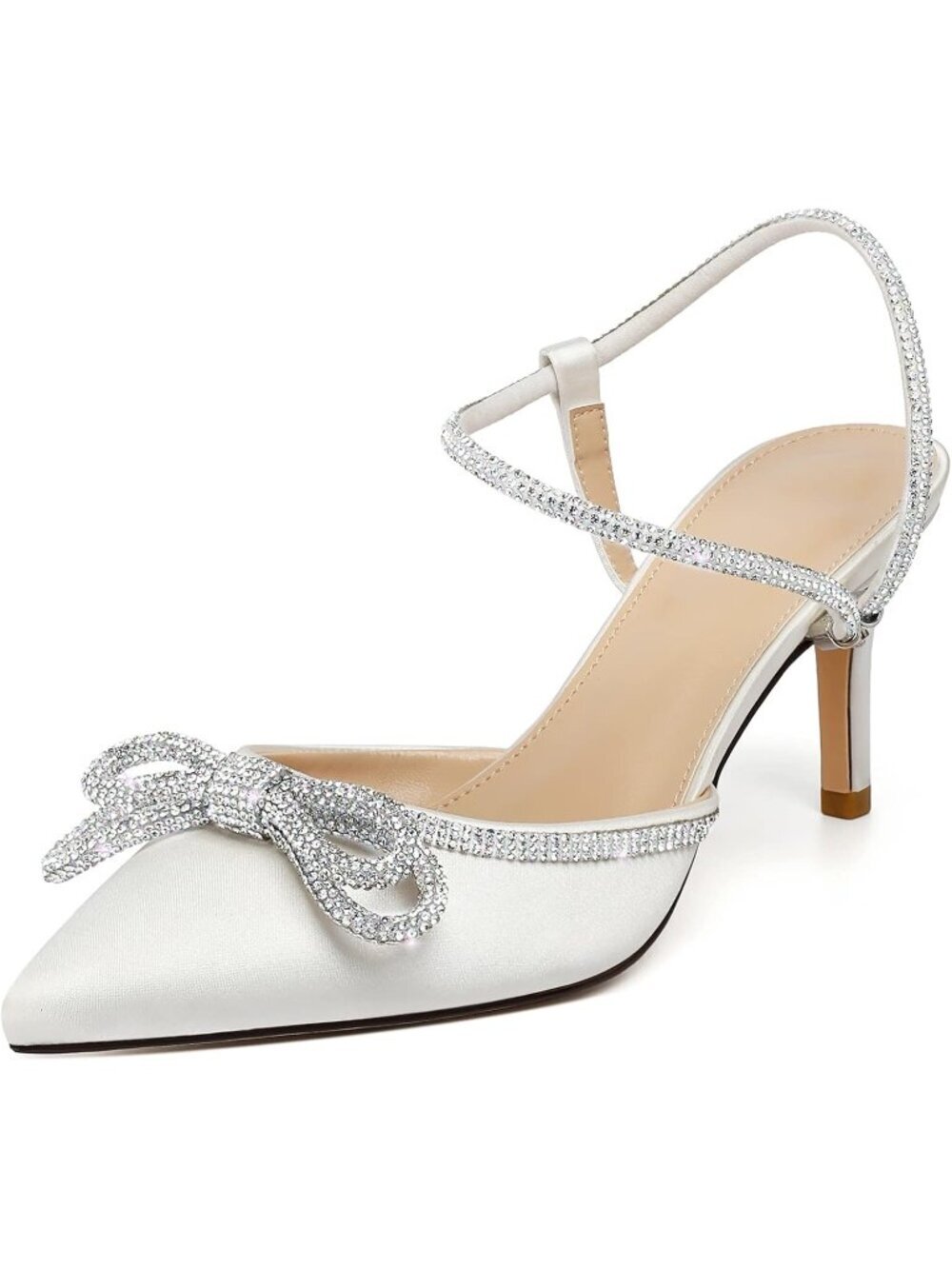 Women's White Sparkly Bow Closed Toe Rhinestone Low Slingback Shoes Kitten Heels